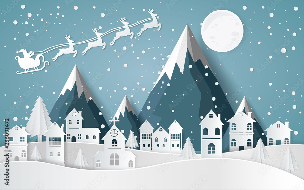 Santa Claus Driving in a Sledge ,winter with homes and snowy paper art . beautiful scenery in the  design  vector