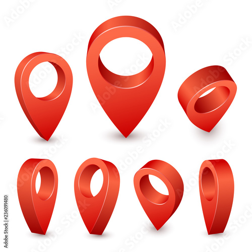 Map pointer 3d pin. Red pin marker for travel place. Location symbols vector set isolated on white background