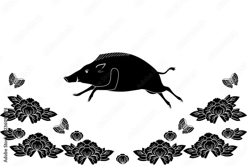 イノシシ 牡丹 蝶々 シンプル Stock イラスト Adobe Stock