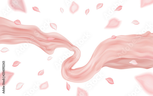 Pink translucent fabric floating and pink petals on transparent background, 3d illustration. © ST-studio