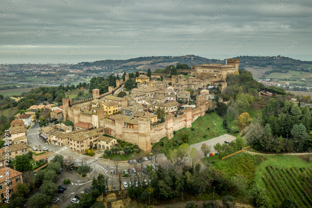 Aerial view of the walled town and castle of Gradara in Marche Italy popular tourist destination of the well preserved double walls and castle