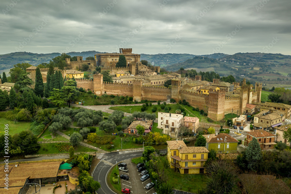 Aerial view of the walled town and castle of Gradara in Marche Italy popular tourist destination of the well preserved double walls and castle