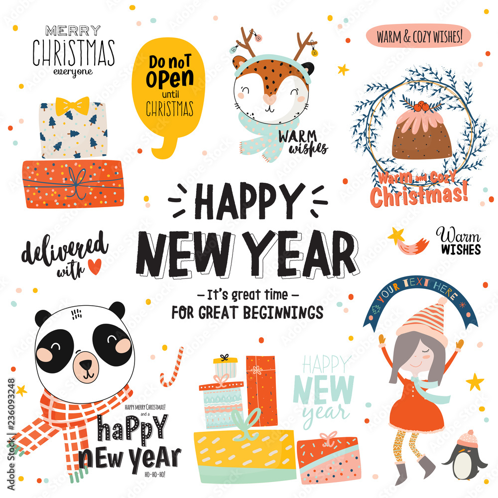 Fototapeta premium Merry Christmas And Happy New 2019 Year templates with holiday lettering and traditional christmas elements. Cute illustration in scandinavian style. Vector backround. 
