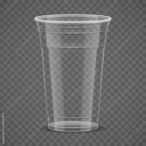 Empty transparent plastic takeaway cup isolated on transparency grid background, 3d vector illustration.