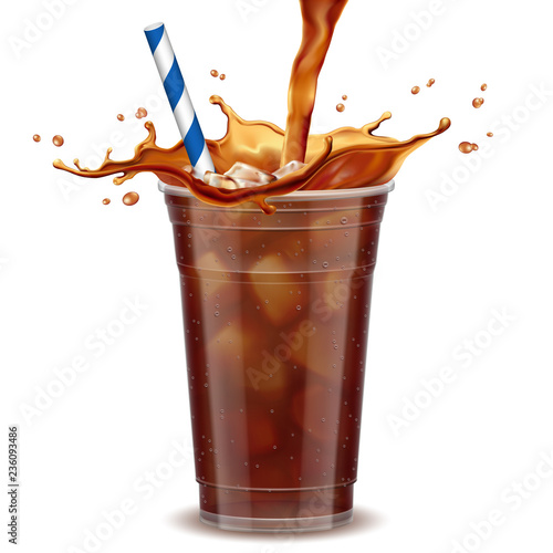 Iced coffee takeaway cup with liquid pouring down into container isolated on white background, 3d illustration