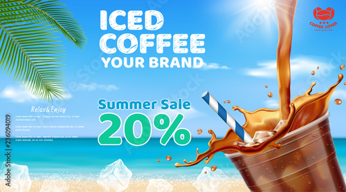 Iced coffee pouring into takeaway cup placed on wooden table with ice cubes, coffee beans ,coconut leaf set for summer beach background.