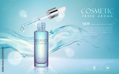Vector bottle serum cosmetic mockup with  transparent water and shine on bokeh background, with your brand, ready for print ads or magazine design.