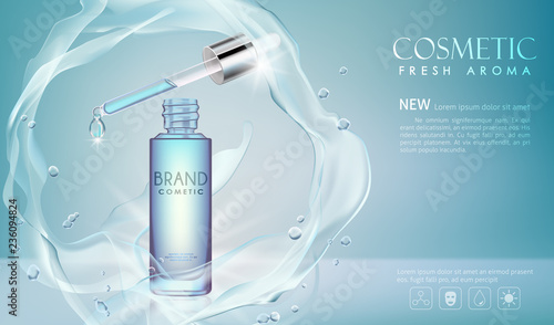 Vector bottle serum cosmetic mockup with  transparent water and shine on bokeh background, with your brand, ready for print ads or magazine design.