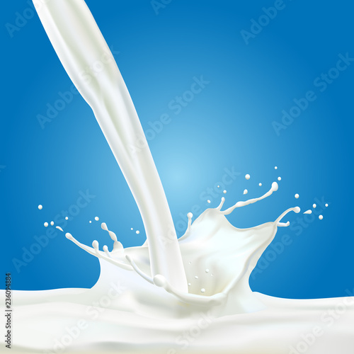 Abstract realistic milk drop with splashes isolated on blue background. vector illustration