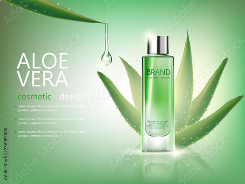 vector bottle aloe vera cosmetic mockup on green background, with your brand, ready for print ads or magazine design. Transparent and shine, realistic 3d style