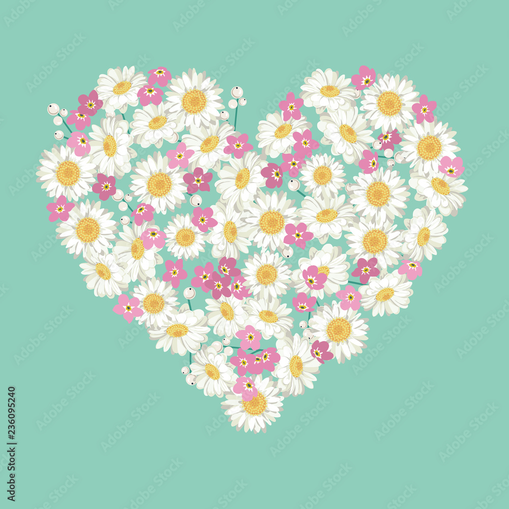 Heart shape. chamomile and forget-me-not flowers on blue background Heart shape. chamomile and forget-me-not flowers on blue background
