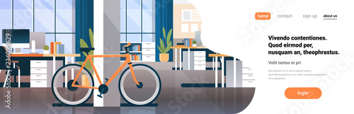 creative office coworking center room interior modern workplace desk bicycle ecological transport horizontal flat copy space