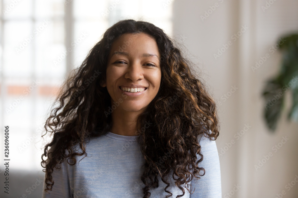 Head shot portrait attractive African American smiling woman, happy pretty  female with fluffy curly hair, successful millennial person, standing,  posing in living room, looking at camera Stock Photo