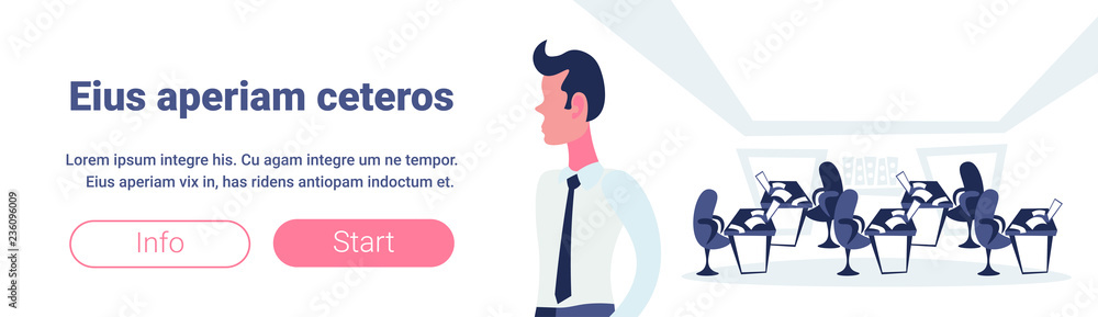 Fototapeta premium businessman over office workspace coworking business open workplace interior cartoon furniture laptop paper documents chairs loft meeting room horizontal banner copy space flat