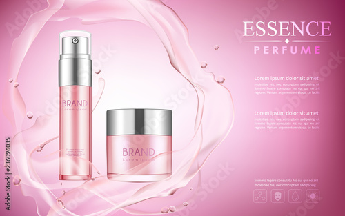 Vector bottle serum cosmetic mockup with  transparent water and shine on bokeh background, with your brand, ready for print ads or magazine design.