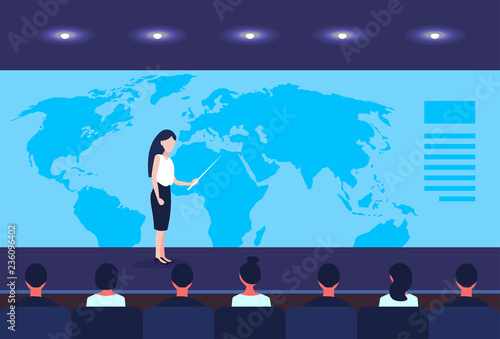 businesswoman pointing location placement business globalization concept conference world map speaker international forum horizontal banner flat