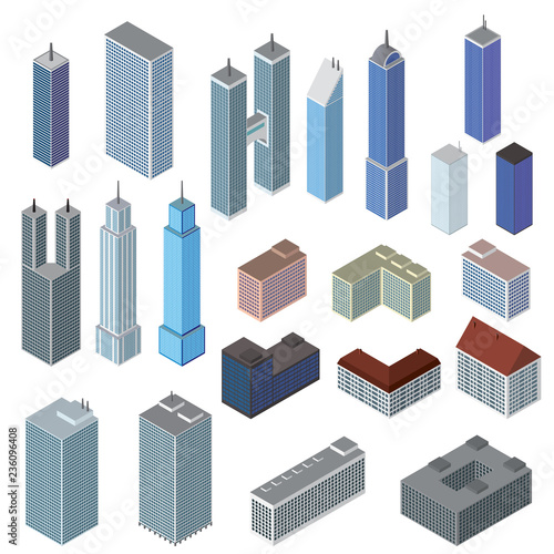 Isometric buildings and skyscrapers set. Vector.