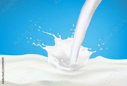 Abstract realistic milk drop with splashes isolated on blue background. vector illustration