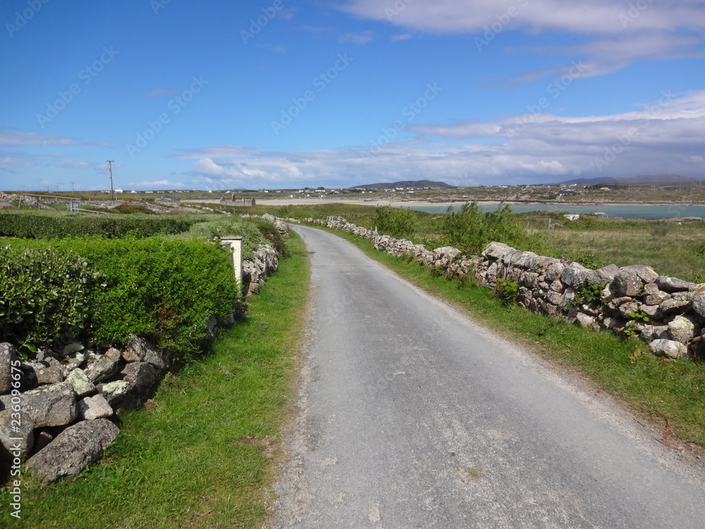 view of a irish country lane with dry stone wall at the side and blue skys with a few white clouds