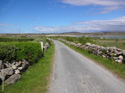 Obraz na płótnie view of a irish country lane with dry stone wall at the side and blue skys with a few white clouds w salonie
