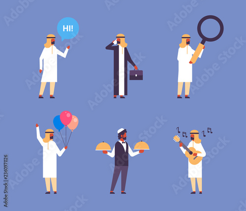 set arabic businessmen different professions collection chat bubble magnifying celebration guitar waiter male cartoon character flat full length