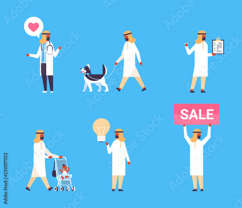 set arabic businessmen different professions collection doctor pet checklist babysitter innovation sale board male cartoon character flat full length