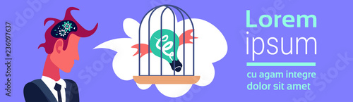 businessman brain cogwheel process light lamp cage generating new creative inspiration crisis concept cartoon character profile portrait flat horizontal banner copy space