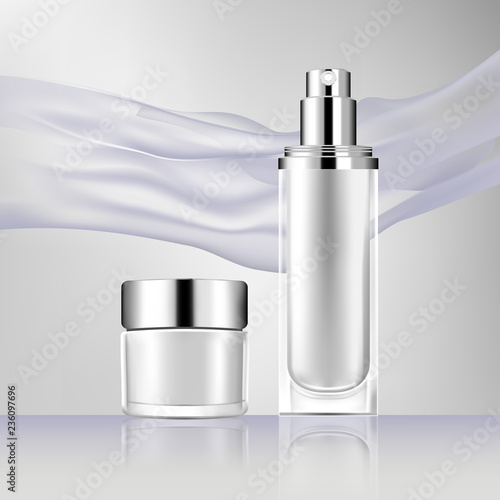 vector bottle cosmetic mockup on a gray background, with your brand, ready for print ads or magazine design. Transparent and shine, realistic 3d style