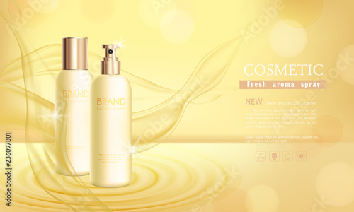 vector bottle serum cosmetic mockup on blue background, with your brand, ready for print ads or magazine design. Transparent and shine, realistic 3d style