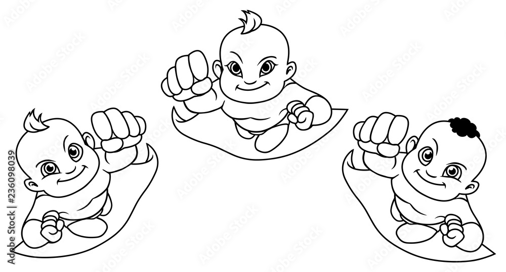 Fototapeta premium Cartoon line art illustration with three flying super babies and copy space for your text. 
