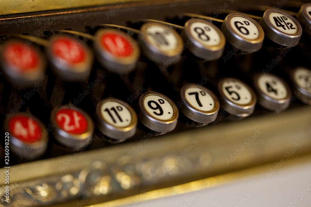 Old fashioned cash reguster keys on a till in a sweet shop Old fashioned cash reguster keys on a till in a sweet shop