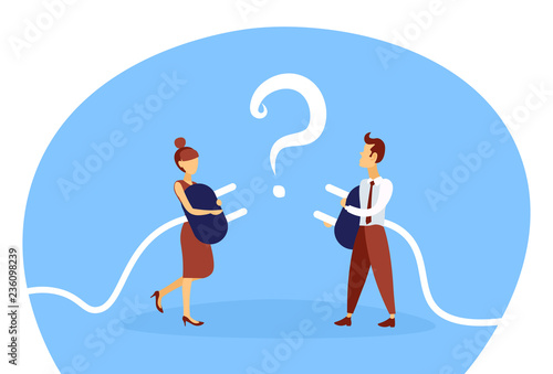Business couple holding electrical plug teamwork confused man woman connection problem solution concept question mark horizontal flat