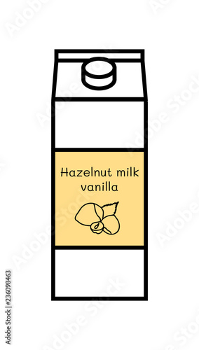 Vector line icon of flavored vegan vanilla hazelnut milk isolated on a white background. Plant based non dairy alternative. Icon of carton box with label with illustration of hazelnut.