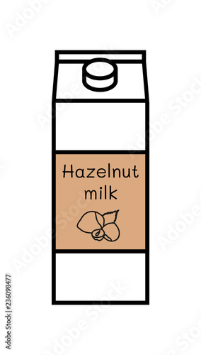 Vector line icon of vegan hazelnut milk isolated on a white background. Plant based non dairy alternative. Icon of a carton box with a screw cap and with label where is illustration of hazelnut.