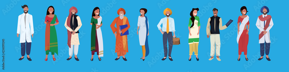 indian woman man standing together national traditional clothes male female people group cartoon character collection full length horizontal banner flat