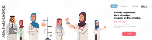 group arabic scientists working laboratory doing research test tube dropper arabian team study chemicals experiments isolated flat copy space portrait banner