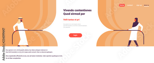 arabic couple pull rope opening concept grand ceremony celebration presentation event arab man woman ready to start horizontal banner flat copy space