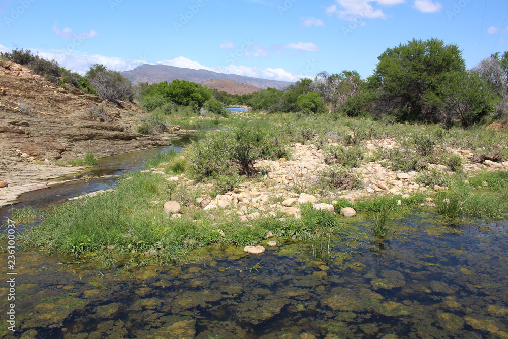 A small stream flowing through an arid landscape.
