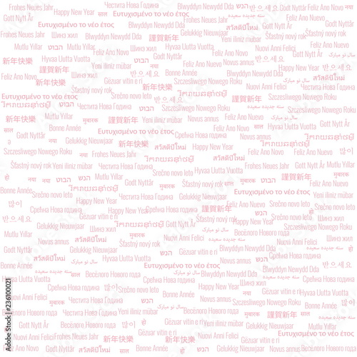 Christmas & New Year Themed Background tiled with "Happy New Year" Text in Many Different Languages