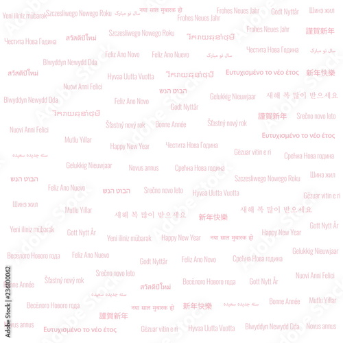 Christmas & New Year Themed Background tiled with "Happy New Year" Text in Many Different Languages