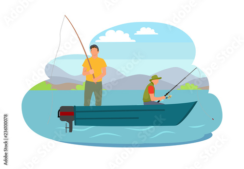 Fisherman Fishing from Boat Vector Illustration