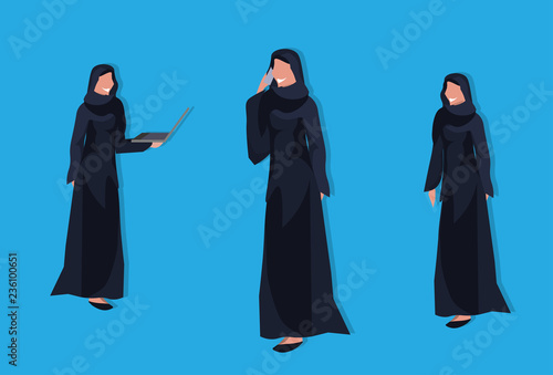 Arabic women group using laptop smartphone wearing traditional clothes black saree arab businesswomen female cartoon character avatar blue background flat full length horizontal