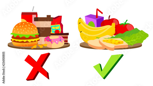 Healthy And Unhealthy Food Concept Vector. Isolated Cartoon Illustration