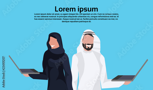 Arabic couple holding laptop wearing traditional clothes black white saree working communication online education concept arab business man woman cartoon character avatar portrait copy space