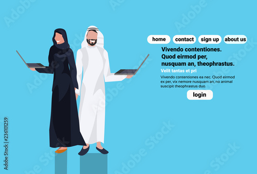 Arabic couple holding laptop wearing traditional clothes black white saree working communication online education concept arab business man woman cartoon character avatar full length copy space