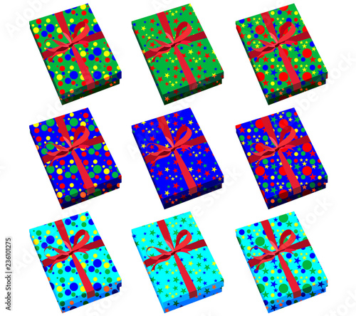 Set of nine gift boxes of different colors