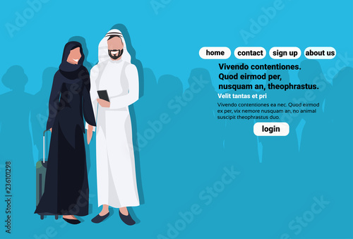 Arabic couple using smartphone holding valise wearing traditional clothes travel concept man woman cartoon character avatar blue background full length horizontal copy space flat