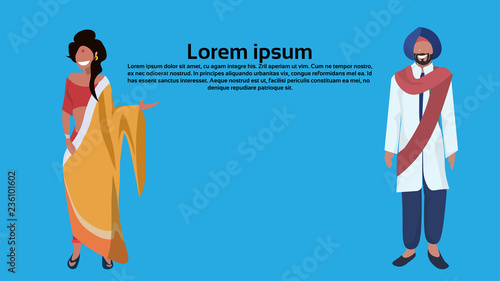 indian woman man couple bindi standing in national traditional clothes female male cartoon character full length flat horizontal copy space