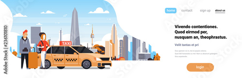 Passengers couple order yellow taxi service sit in car cab over cityscape background man woman cartoon character horizontal banner copy space