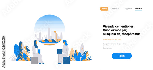 arabic couple using laptop online communication interview concept man woman sitting cartoon character cityscape background flat horizontal banner copy space